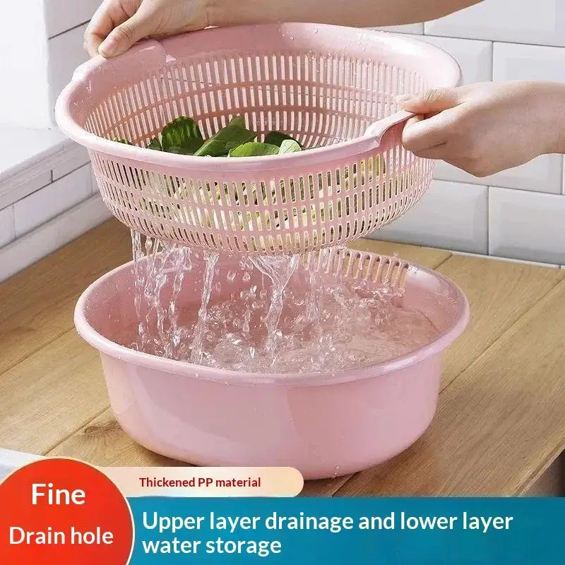 Double Layer Plastic Colander Set Thick Drain Basket Vegetable Fruit Washing Bowl Kitchen Food Prep Storage No Break
