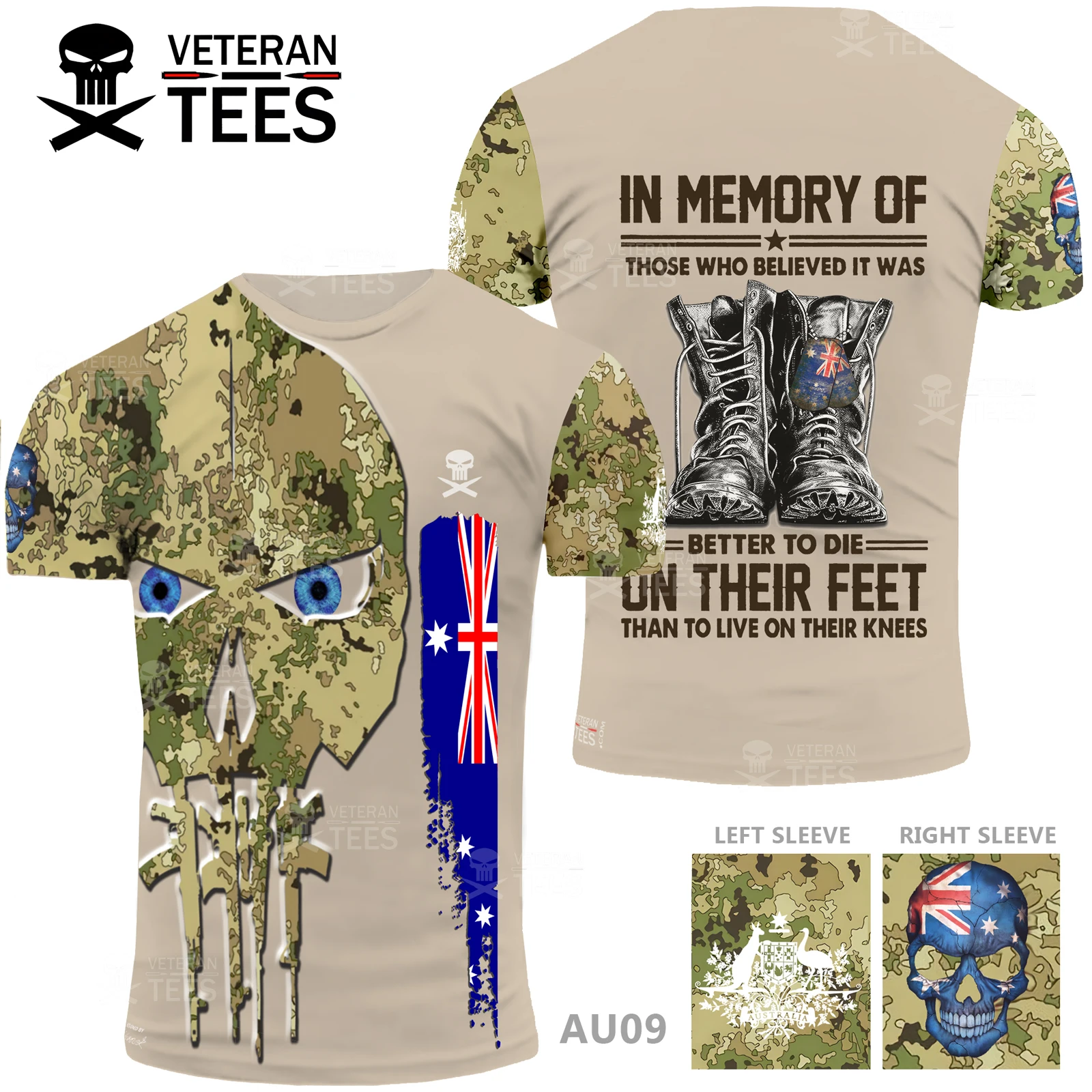 Veteran Tees Mens Australian Flag Skull Camo Print Quick Dry Short Sleeve T Shirt 2026