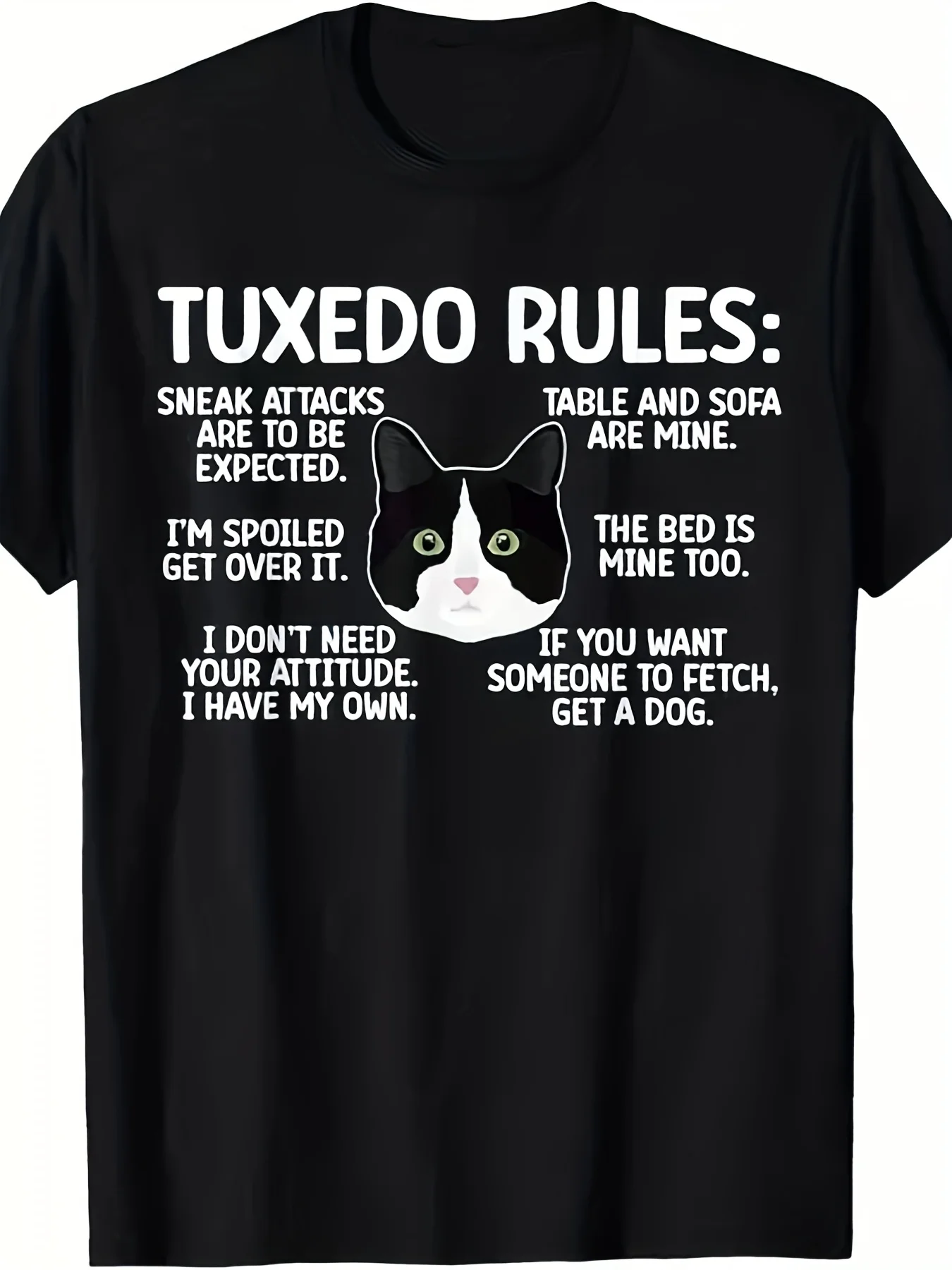 Men's Tuxedo Cat Rules T-Shirt - Funny Tuxedo Cat Lover Tee with Tuxedo Cat Owner, Casual Short Sleeve Round Neck Shirt S-3XL, Comfortable Fit Suitable for Casual Wear & Everyday Outfits, Machine Washable Cat Apparel