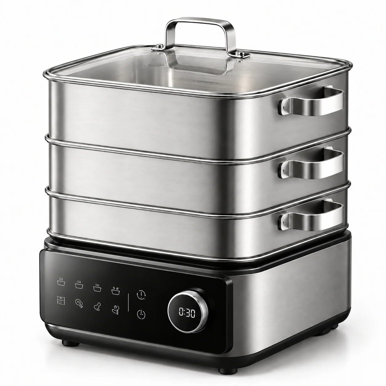 Electric Food Steamer with 24L Combined Capacity Three Upper Tiers and Glass Lid for Home Kitchens Vegetable and Dumpling Cooker