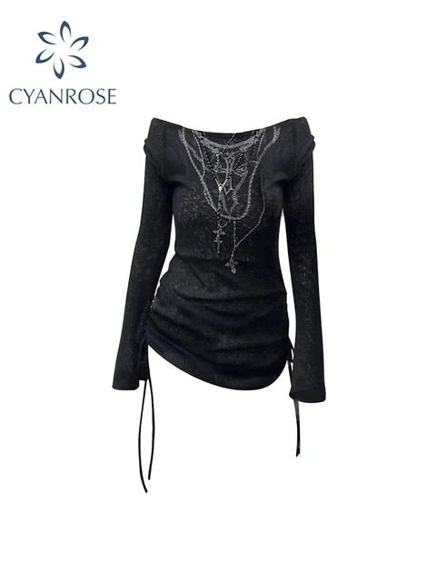 Women Vintage Black Gothic T-shirt Harajuku Korean Y2k Tee Top 