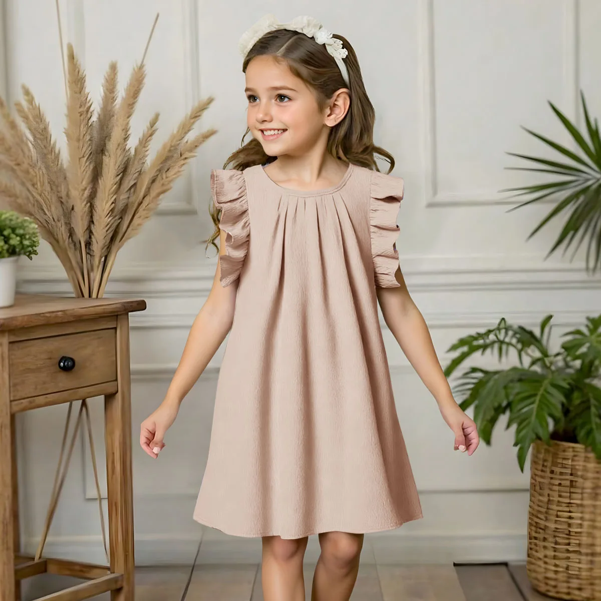Toddler Girls' Cute Summer Dress, Seasonal Change, Sweet Plain Casual Midi Dress, Knee-Length A-Line, Holidays and Travel