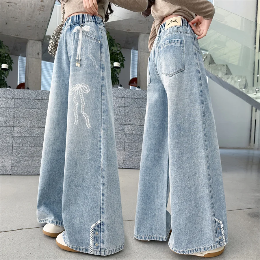 

2026 New Spring Children Wide Leg Jeans for Girl with Bows Kids Teenager Fashion Street Style Denim Pants Bowknot Jeans Trousers