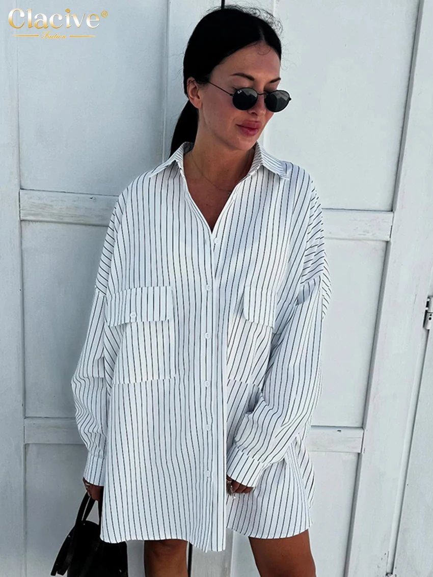 

Clacive Fashion Loose Stripe Print Women Shirt 2025 Casual Lapel Long Sleeve Blouse Elegant Classic Pockets Top Female Clothing