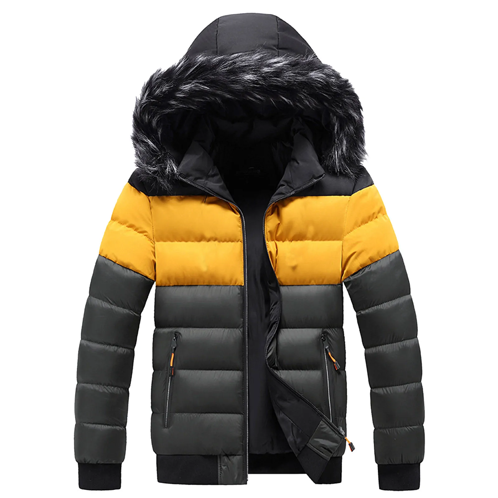 Men\'s Winter Youth Hooded Jacket Thickened Warm Windproof Casual Color Block Jackets Male Hiking Camping Clothes