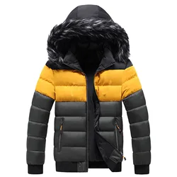 Men's Winter Youth Hooded Jacket Thickened Warm Windproof Casual Color Block Jackets Male Hiking Camping Clothes