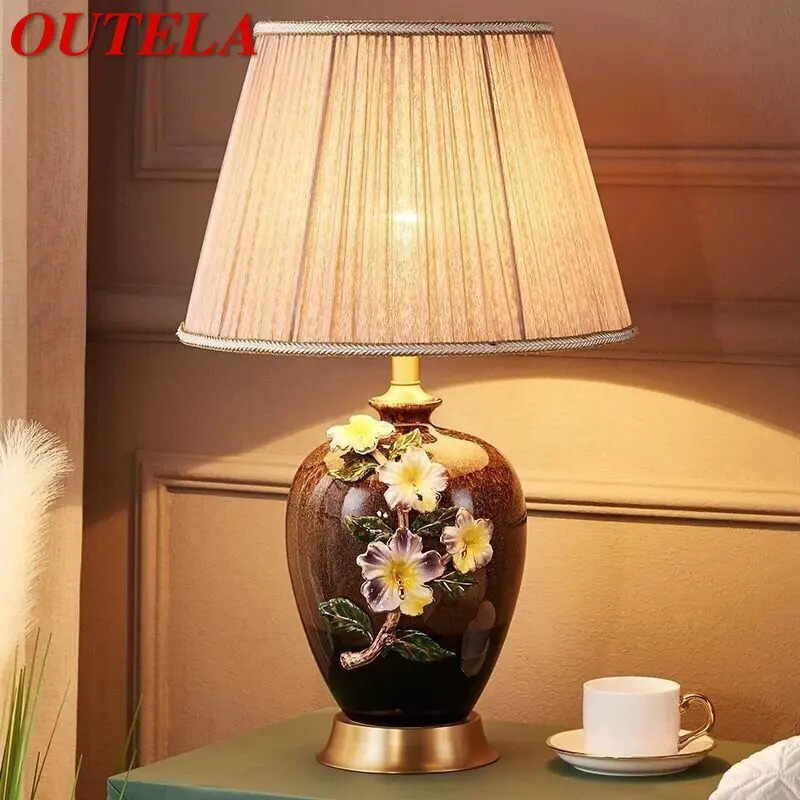 

OUTELA Modern Brass Ceramic Table Lamp LED Dimming Creative European Copper Desk Light for Home Living Room Bedroom Decor