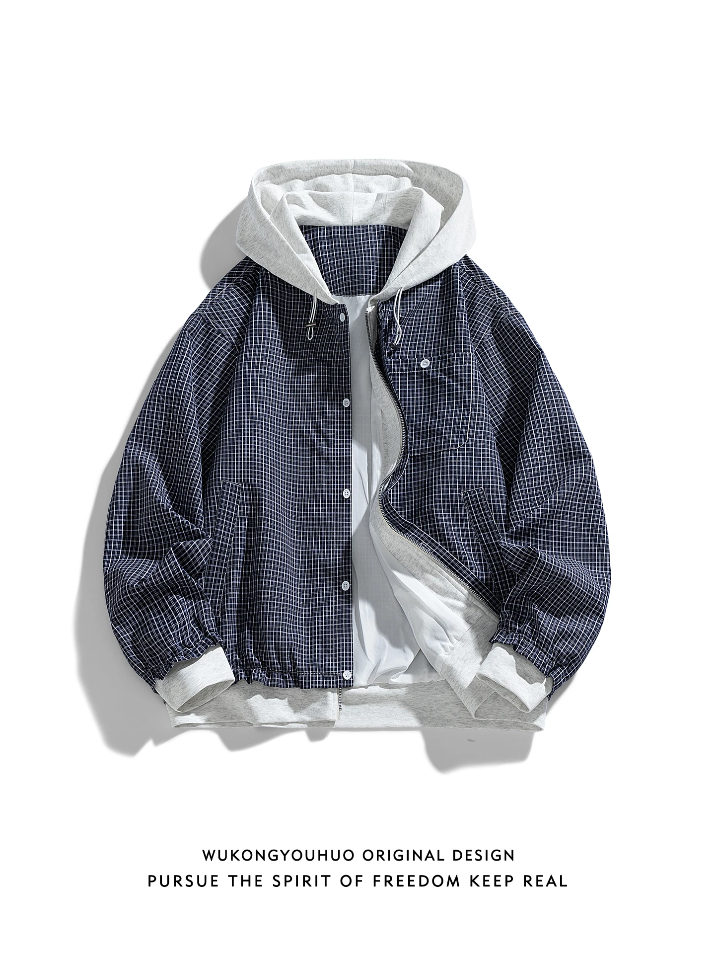 

Trendy American Plaid Two-Piece Jaet with Hood Loose Fit Men's Spring Vintage Casual Sle Button Closure Outerwear