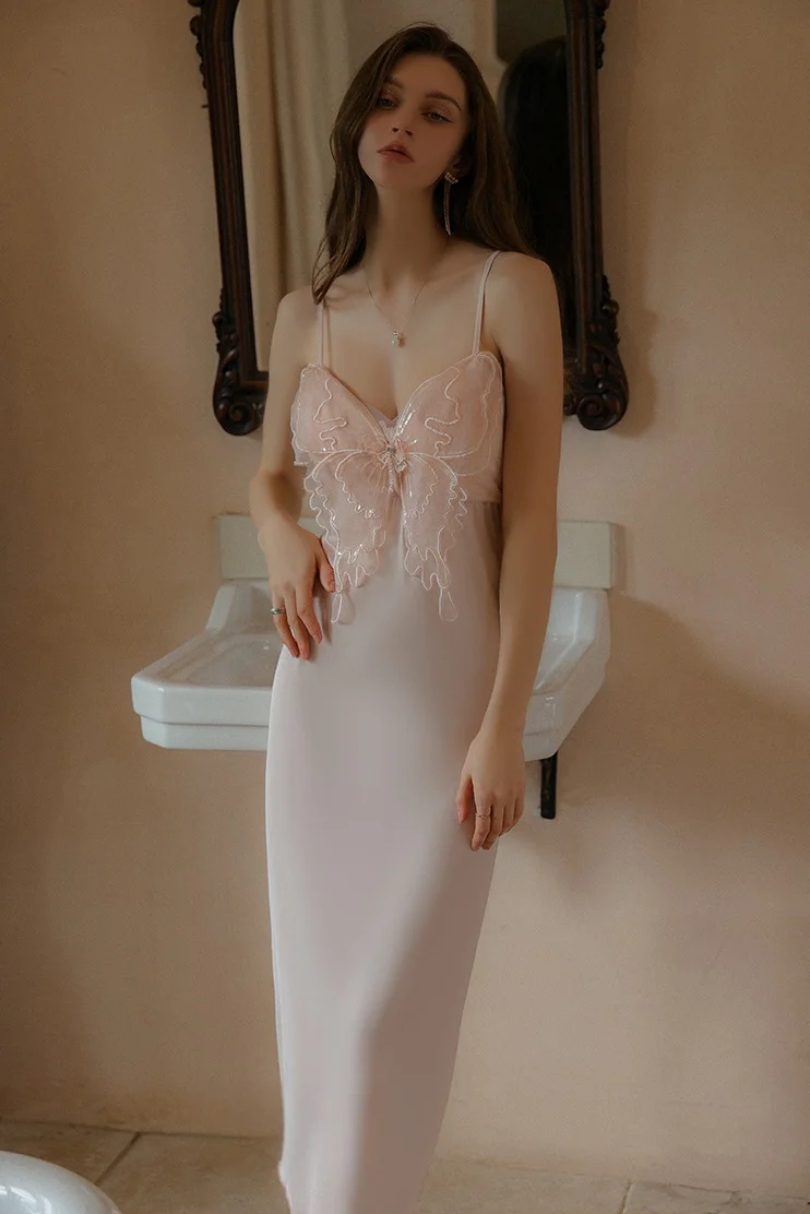 ชุดนอนผ้าซาตินสีขาวหรูหรา - ชุดนอนสายเดี่ยวเซ็กซี่ ชุดนอนนางฟ้า น่ารัก ชุดเดรสยาวสำหรับผู้หญิง