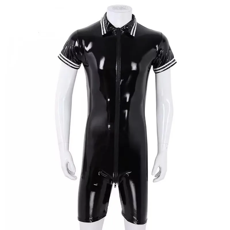 S-7XL Men\'s Short Sleeve Shiny Faux PU Leather Catsuit Sexy Zipper Open Crotch Bodysuit PVC Tights Hot Shapers Leotard Plus Size