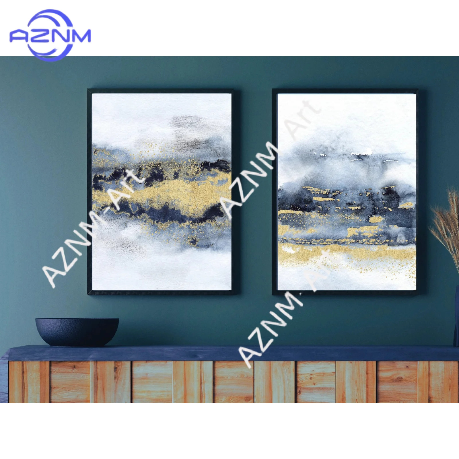 1/2Pcs Navy and Gold Wall Art Set of 2 ·  Modern Wall Art Blue and Gold · Gold Foil Effect Print ·Wall Art
