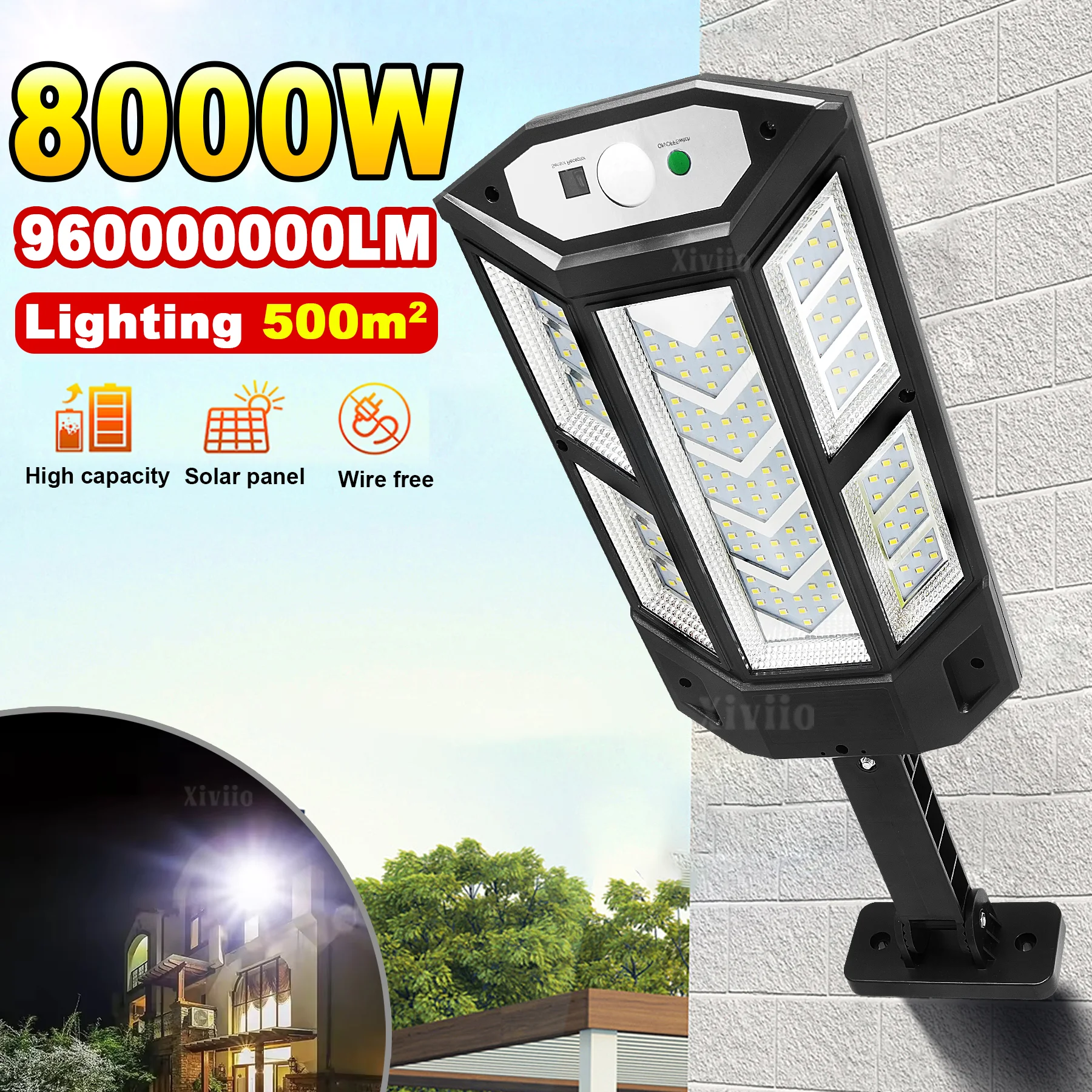 

Уличный солнечный светильник 8000 Вт, сверхмощный, 320 ° Широкодиапазонный датчик движения для освещения сада и двора от заката до рассвета,солнечный свет для садовой дорожки,светильник с датчиком движения,IPX65