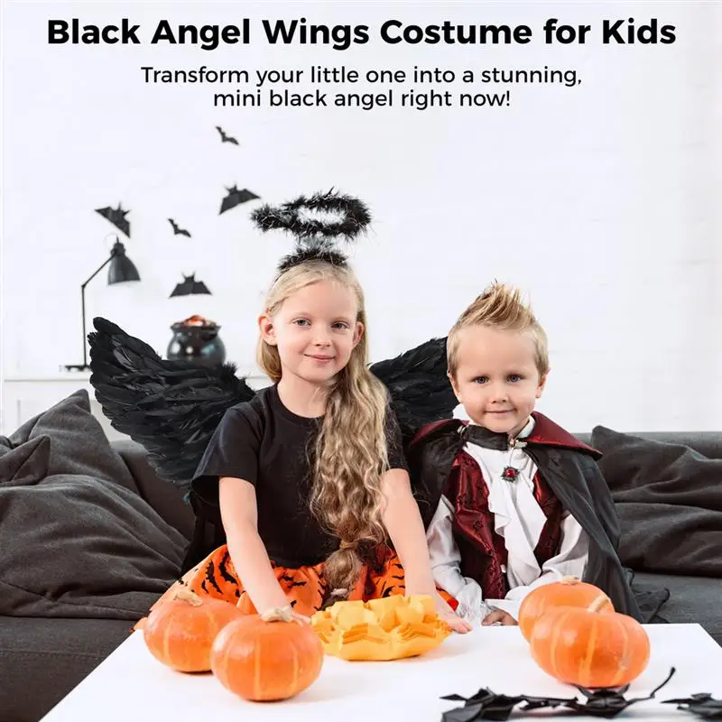 Kids Black Angel Wings Costume Angel Wings And Halo Costume For Children Halloween Halo Angel Cosplay Costume With Feather Wings