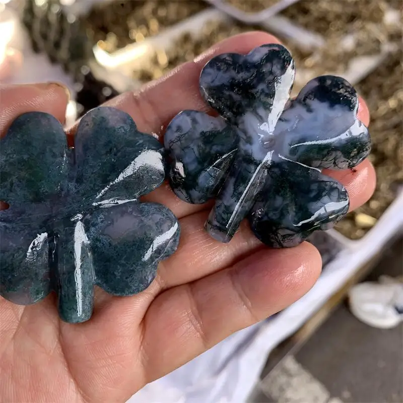 الطحلب الطبيعي العقيق أربع أوراق البرسيم نحت الأحجار الكريمة الريكي أحجار استشفاء محظوظ الحرف غرفة مكتب تمثال للتزيين هدية 2 قطعة