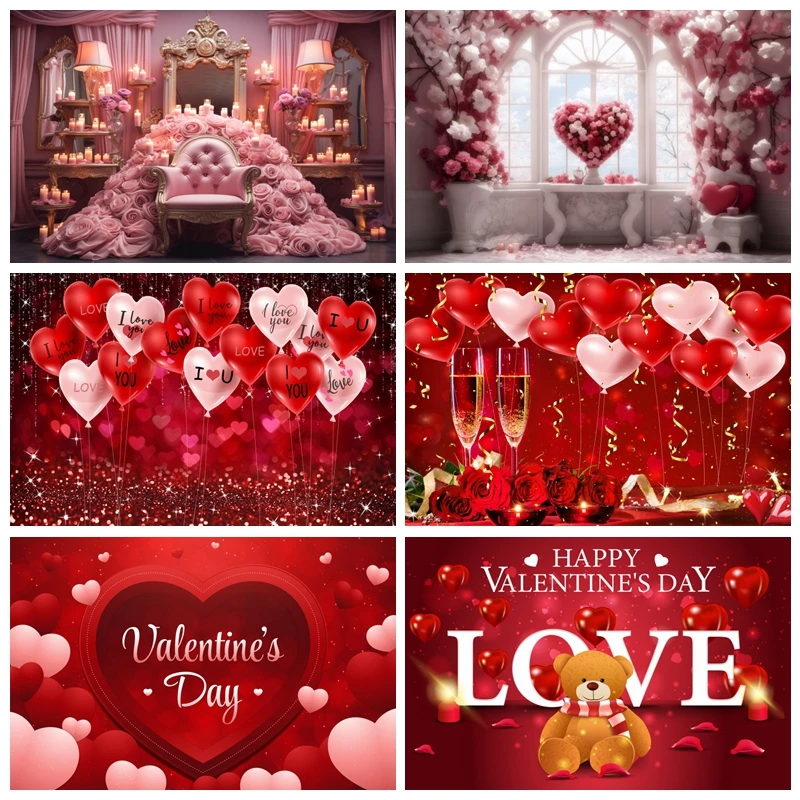 

February 14 Valentine's Day Backdrop Romantic Valentine Red Love Heart Floral Wedding Portrait Photography Background Props