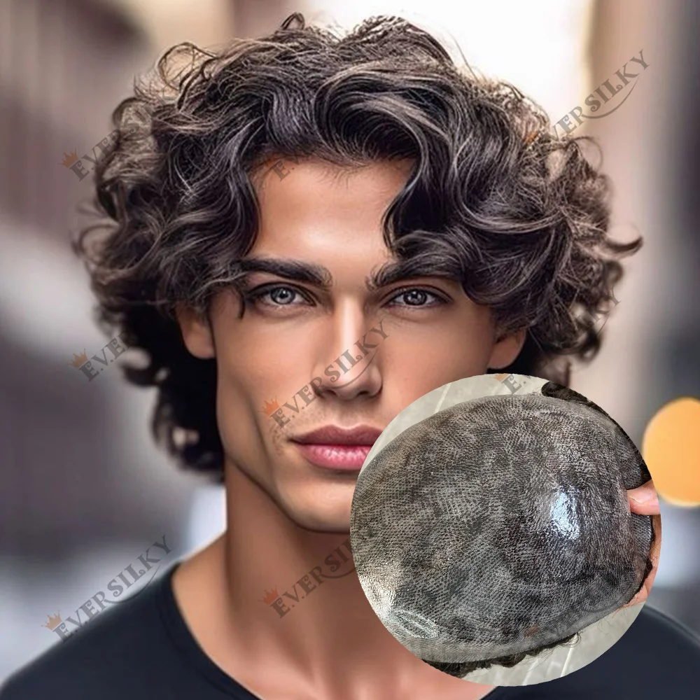28MM Curly White Silver Grey 1B80 1B50 Men's Wigs Super Strong Full PU Male Toupee Human Hair #2 #1b Black Capillary Prosthesis