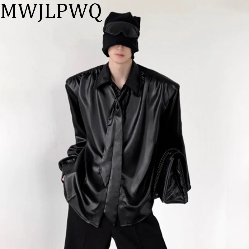 

MWJLPWQ Liquid Mercerizing Niche Design Shirts Men's Shoulder Pad High Street Hamdsome Long Sleeve Casual Loose Tops Tide 010754