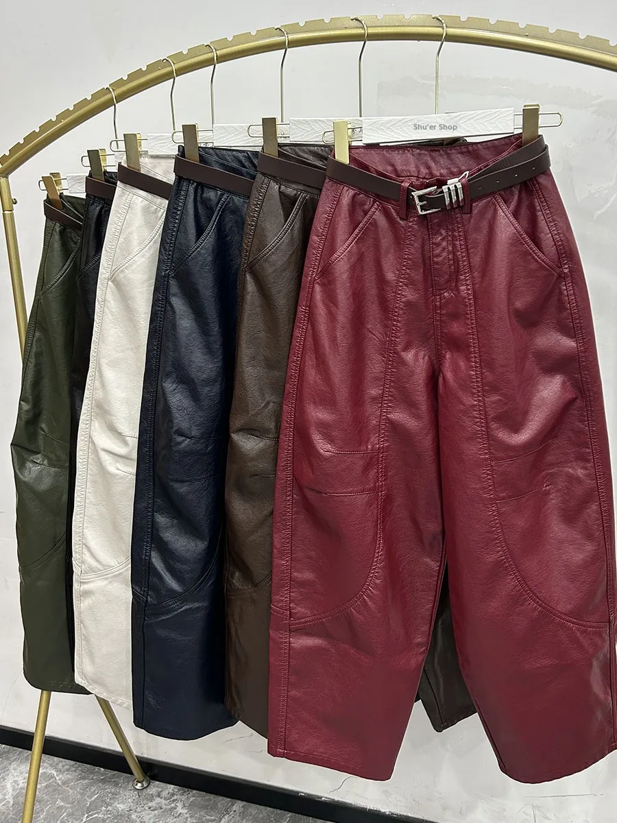 

Утепленные кожаные брюки с высокой талией и поясом, повседневные, прямого кроя, женские, укороченные, большие размеры, весна-осень