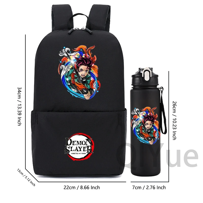 2Pc 애니메이션 미니 가방 세트 악마 슬레이어 배낭 소년 소녀 학교 학생 배낭 남자 배낭 750Ml 야외 스포츠 물병