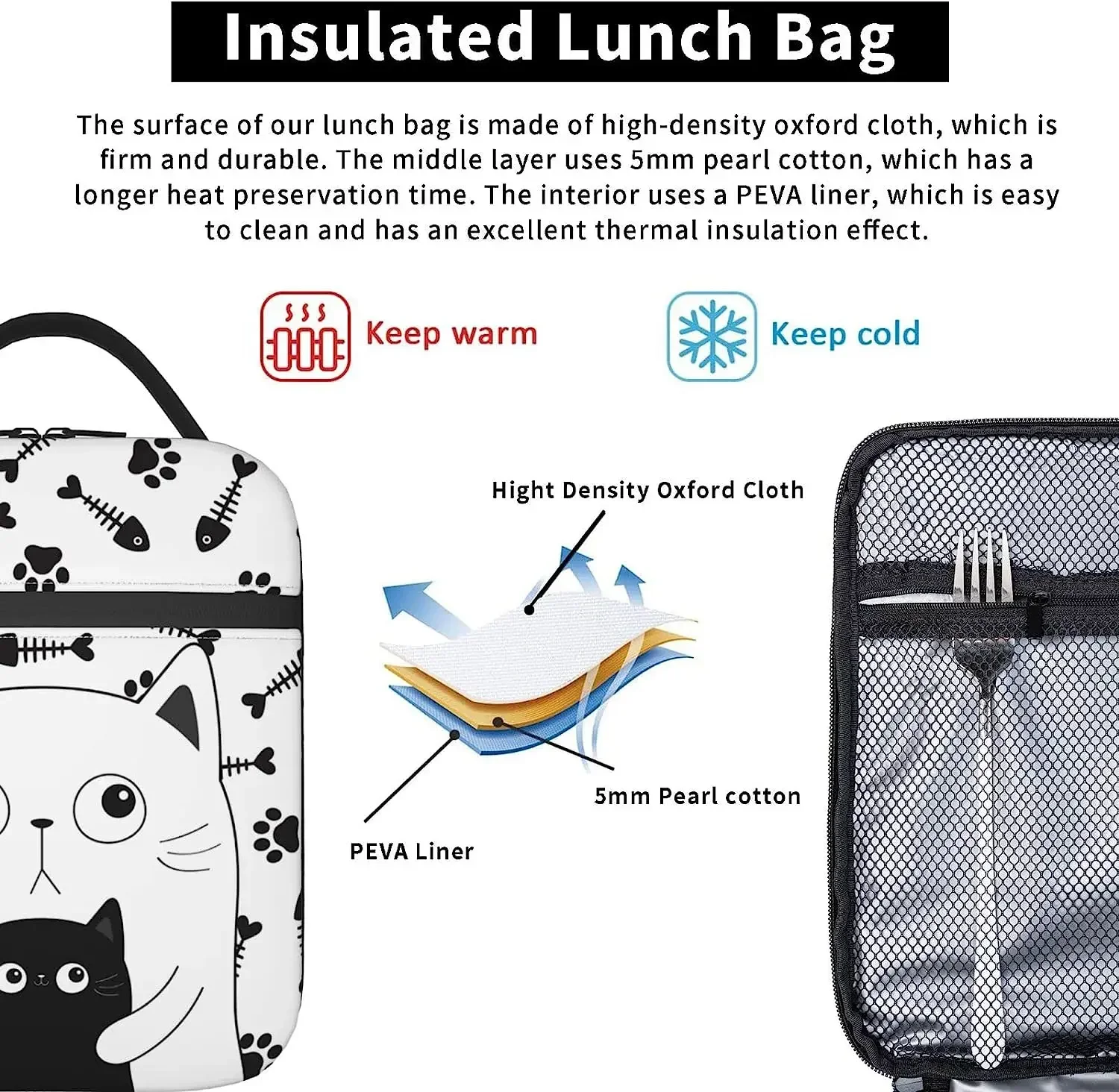 Cute Cat Lunch Bag for Women Men Kids Leakproof Cooler Tote Bags Reusable Insulated Lunch Box for Office School Picnic Travel