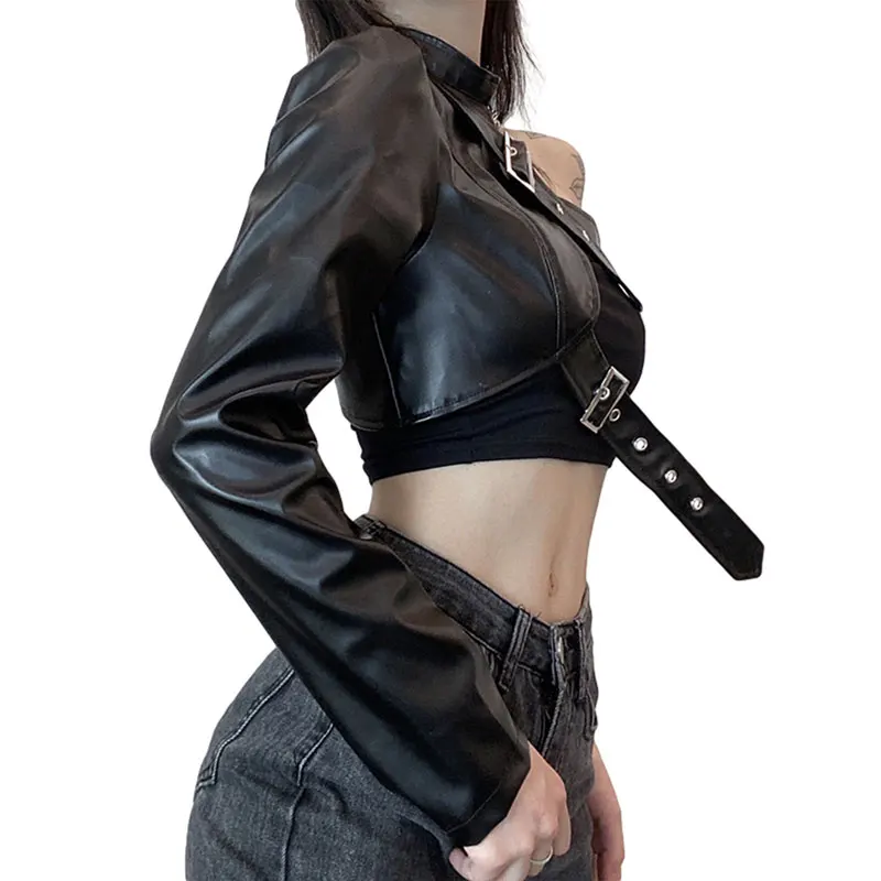 New Autumn Women\'S Punk Style Crop Top Jacket  Cool Single Long Sleeved Hanging Neck Leather Belt Connected Cool Jacket