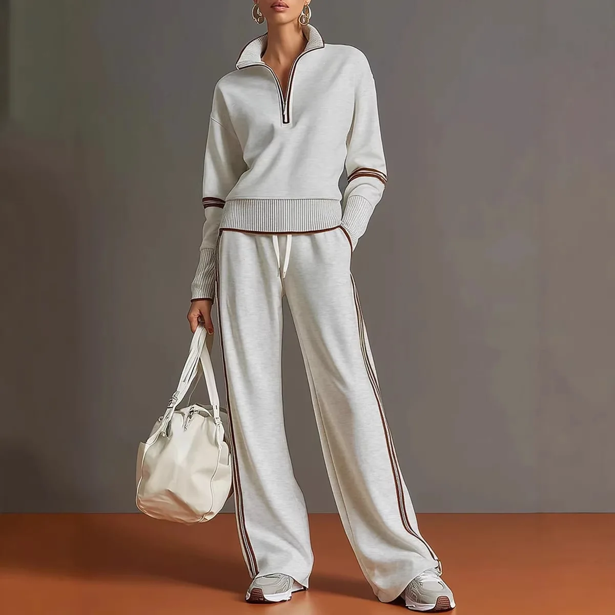 

Women's Half Zip Striped Trim Knit Top & Drawstring Wide Leg Pants 2 Piece Set Casual With Pockets Autumn Daily Office Outfit