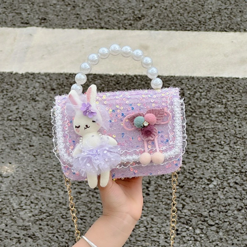 الكرتون الأرنب دمية الفتيات اللؤلؤ مقبض حقائب الكتف لطيف الأميرة صغيرة مربع حقائب اليد محفظة الأطفال سلسلة حقيبة كروسبودي
