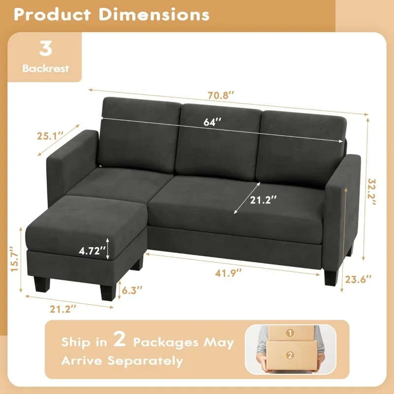 Convertible Sectional Sofa Couch,3 Seat L-Shaped Sofa with Linen Fabric,Movable Ottoman Small for apartments etc.