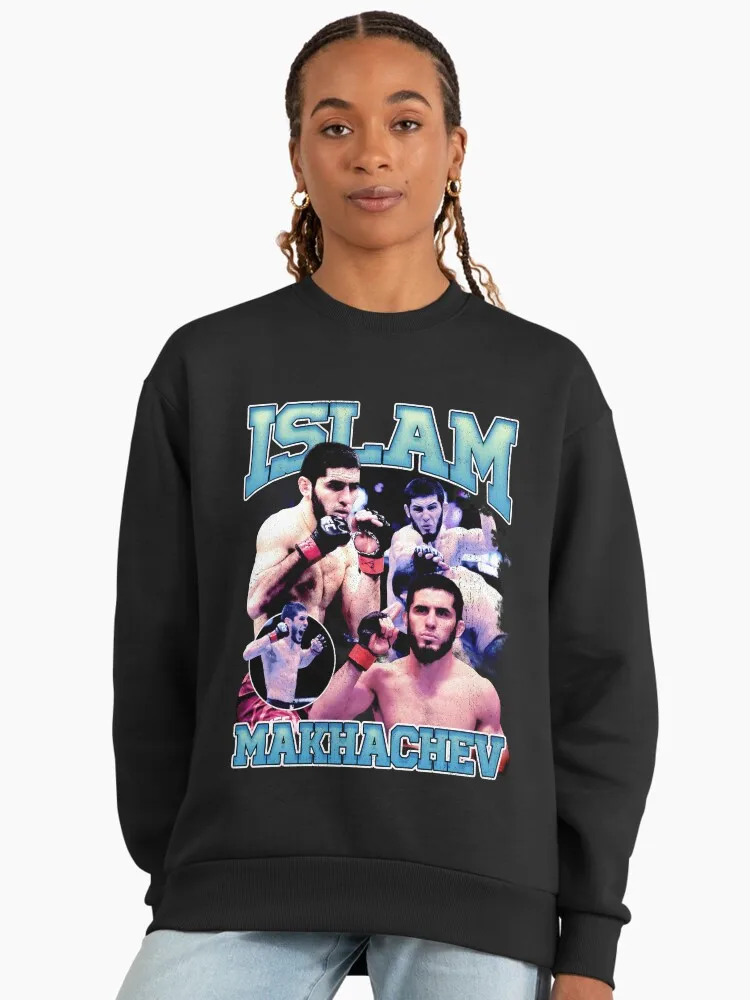 Damska luźna bluza z okrągłym dekoltem, grafika UFC Islam Makhachev, jesień/zima 2026, bawełniana, ciepła, unisex.