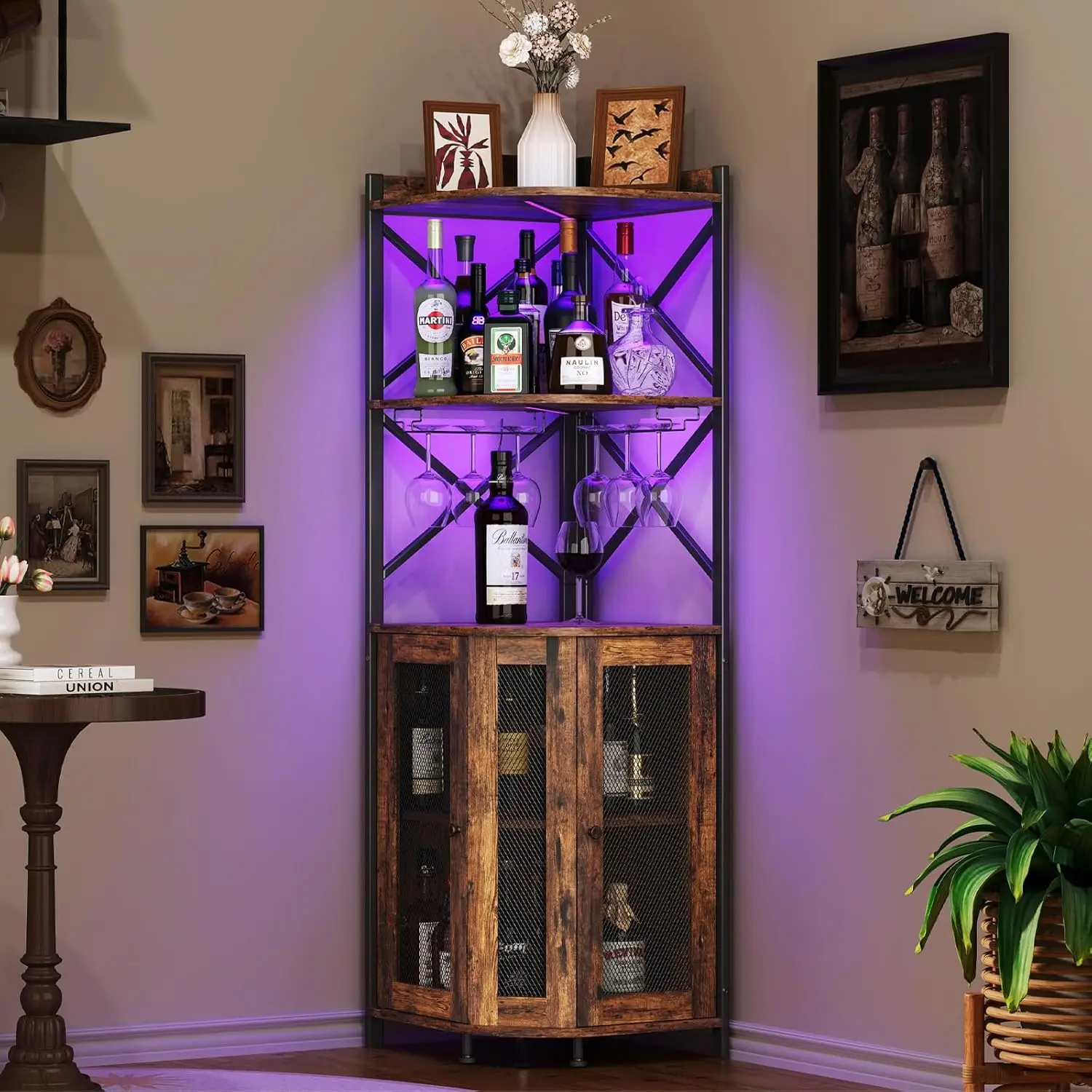 Armário de bar de canto com luzes LED, armário industrial de bar de vinho de 5 camadas com suporte de vidro, armários de bebidas de fazenda com prateleira