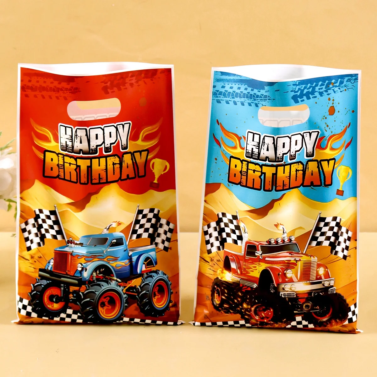 10/20/50pcs Happy Birthday Gift Bags Desert Off-Road Vehicle Theme Plastic Tote Bags for Boys Adults Happy Birthday Party Decor