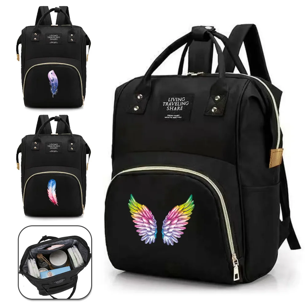 

Mummy Bag Waterproof Lightweight Infant Nursing Organizer Feather Printing Series Multi-Function Diapers Bags Backpack