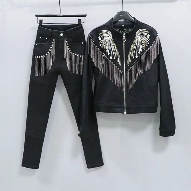 

Женская уличная куртка с длинными рукавами и заклепками, цепочка с кисточками и блестками, модная осенняя новинка, черный индивидуальный комплект из двух предметов