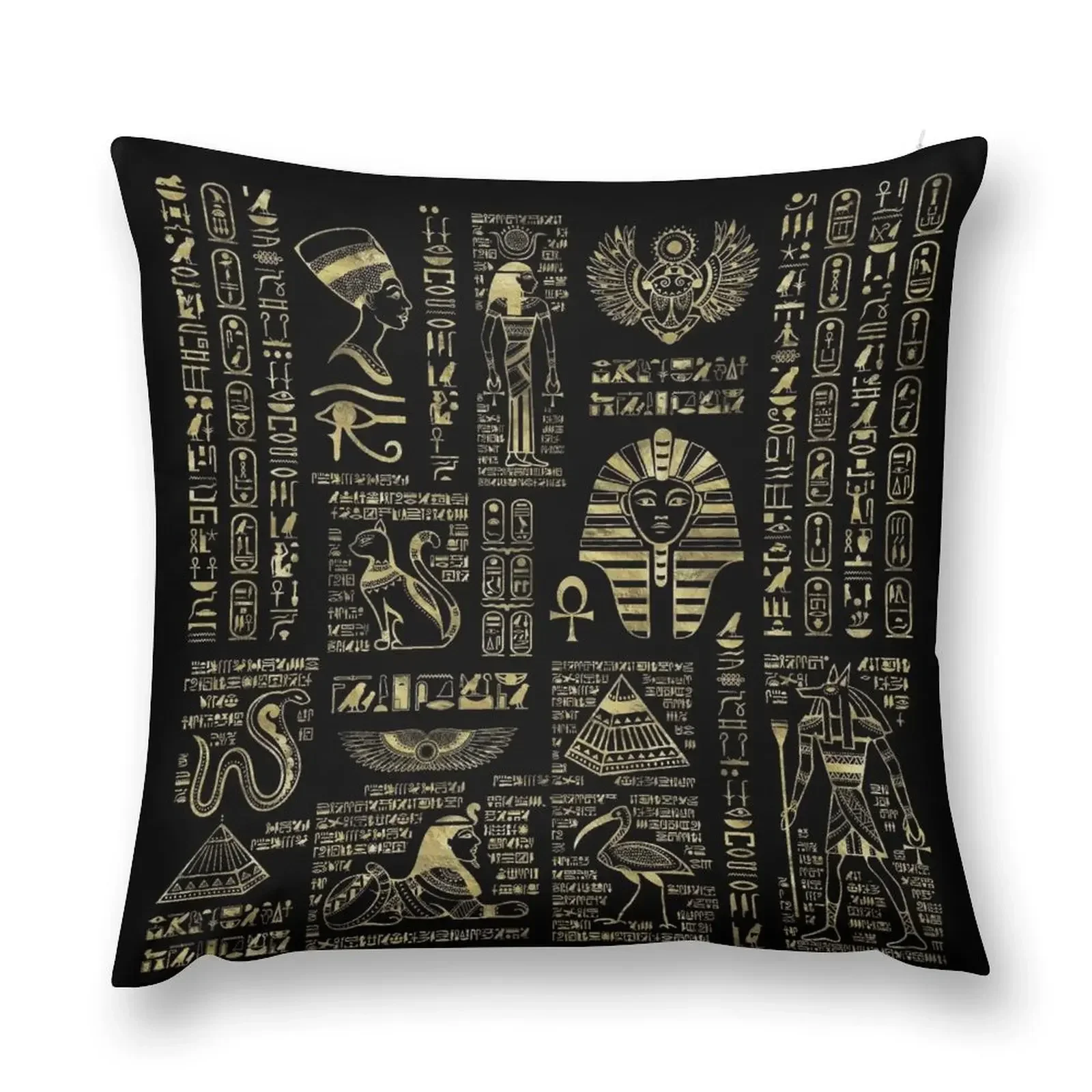 Egyptian hieroglyphs and deities gold on black Throw Pillow Sofa Cushions Cover luxury sofa pillows pillow