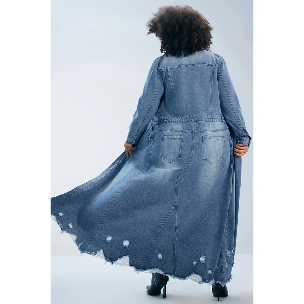 Plus Size Women's Long Coat Casual Light Blue Long Autumn and Winter Shirt Collar Ripped Slim Denim Coat