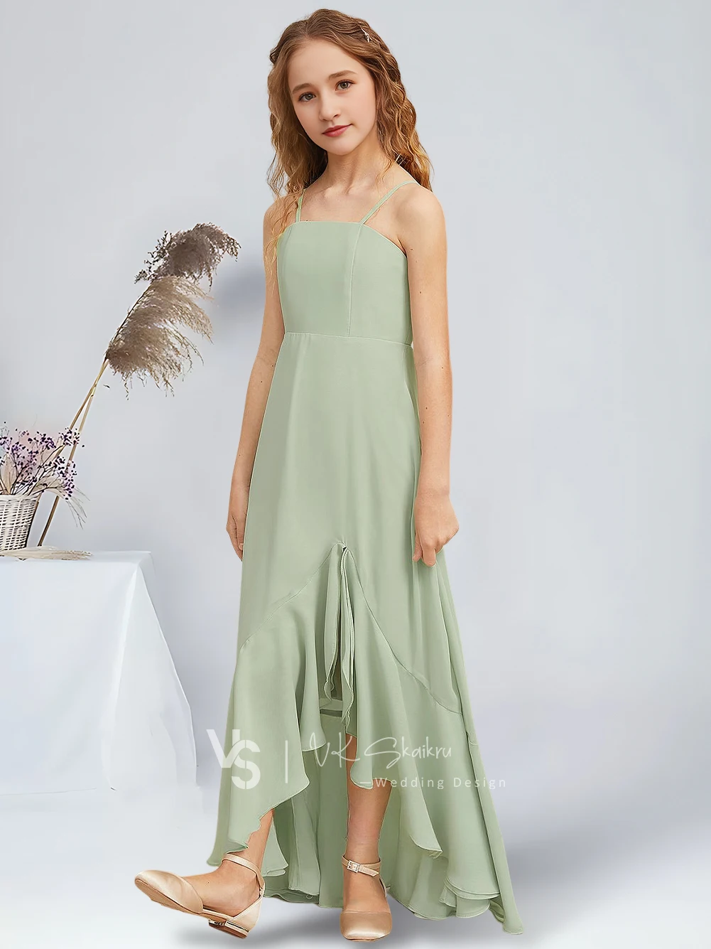 Assimétrico Chiffon Dama Vestidos, Uma Linha, Quadrado, Linda Flor, Festa de Casamento, Dança Infantil, Elegante, Júnior