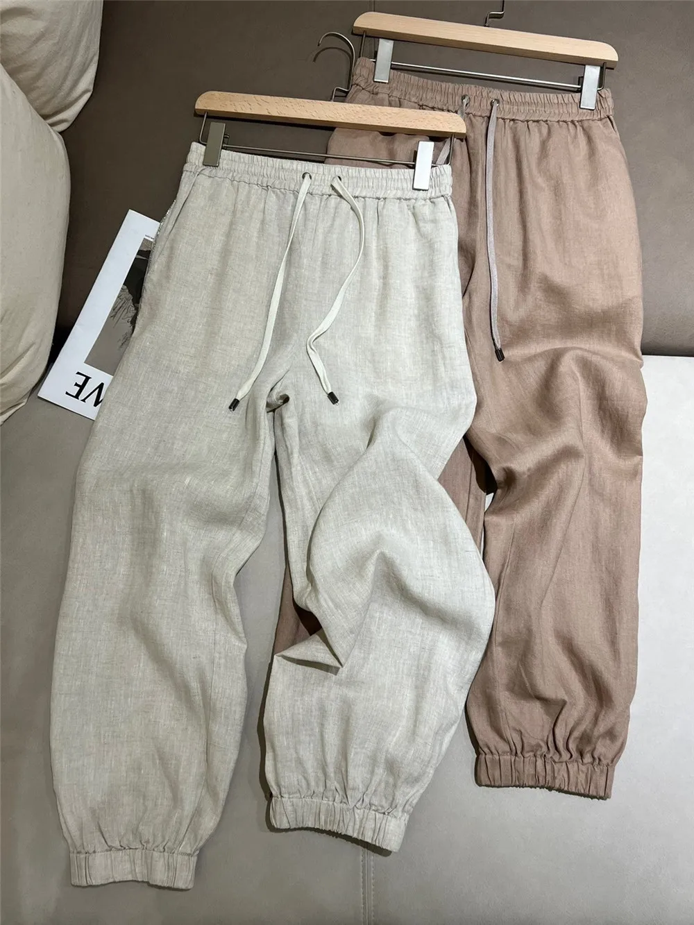 High Quality B/C Linen Casual Style Pants Wide Leg Trousers Elastic Waist Jogger