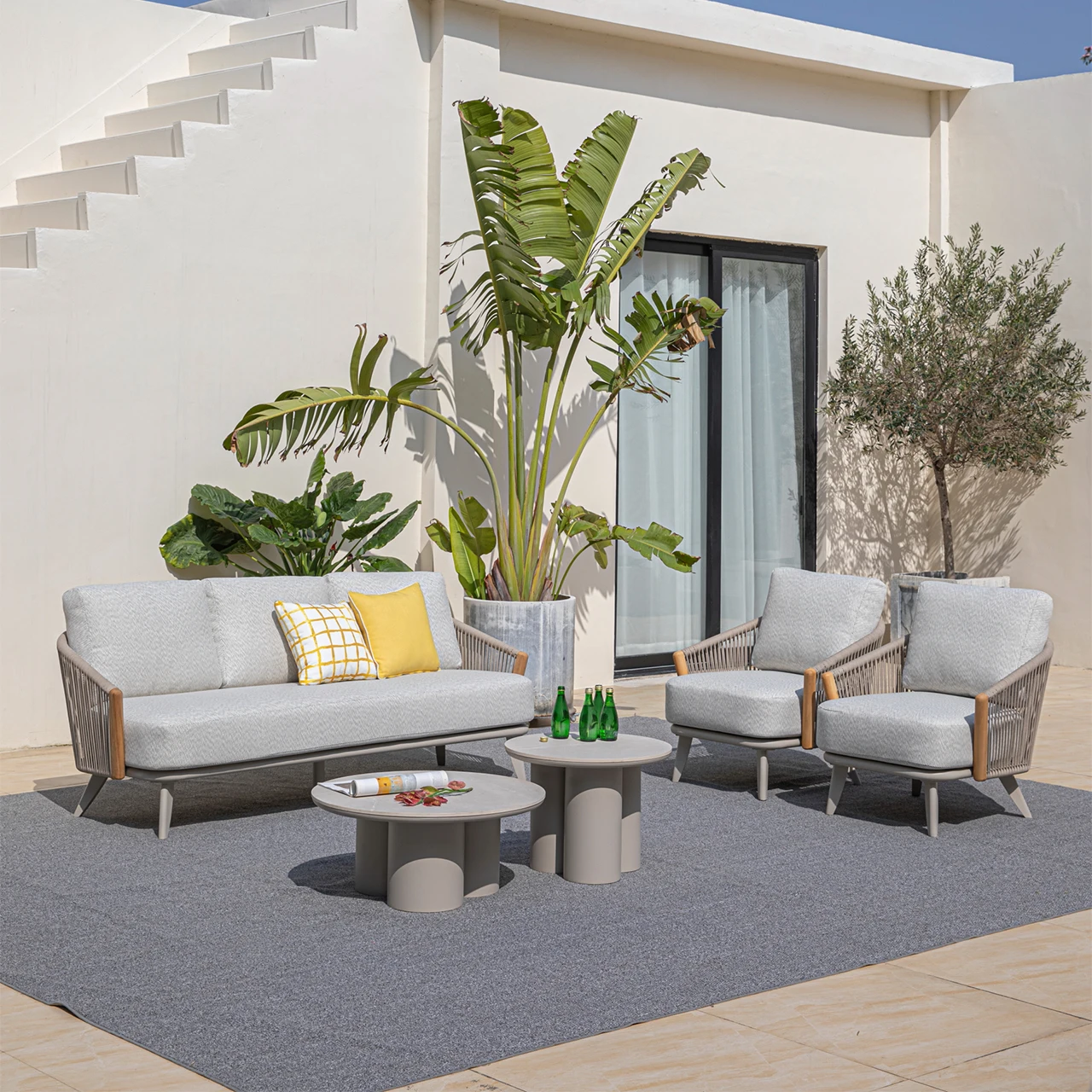 di- Modern Aluminum Outdoor Garden Furniture Outside Lounge Sofa 5pcs Set with Rope and Teak Armrest