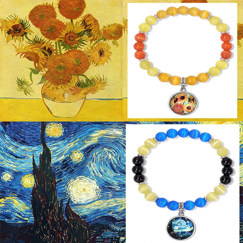 فان جوخ عباد الشمس سحر سوار القط العين حجر مطرز أساور ممتدة للنساء الرجال لوحات فنية سوار مجوهرات هدية