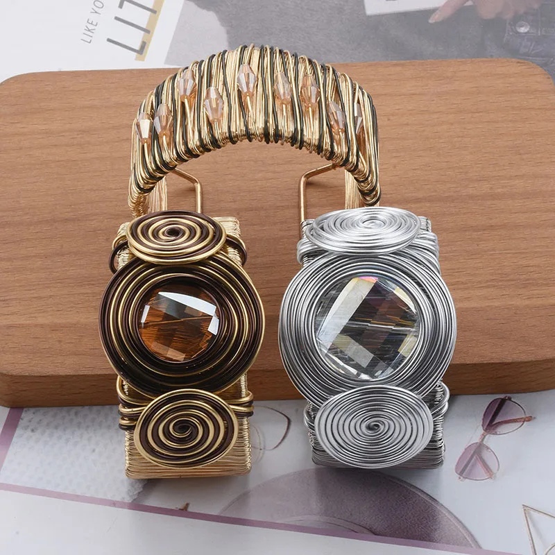 Exaggerated Metal Wire Winding Cuff Bangles Big Brown Rhinestone Heavy Metal Bracelet For Women Personality Jewelry Gifts