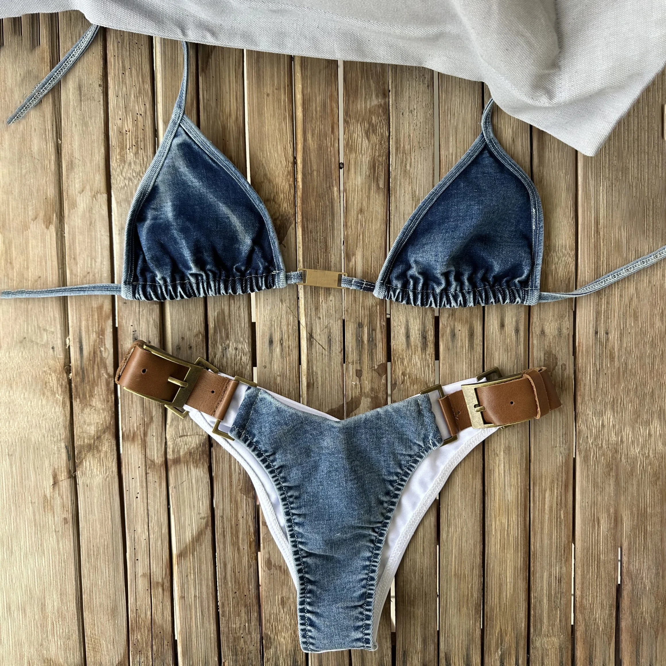 Denim Printed Bikini 2026 Women Sexy Swimsuit Leather Strap Swimwear Bandeau Biquini Female Micro Bikinis Bathing Suit Beachwear