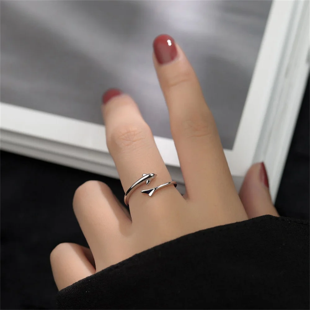 Simple Silver Color Dolphin Adjustable Cuff Ring Personalized Alloy Fish Tail Ring For Women Fashion Jewelry Trendy Accessories