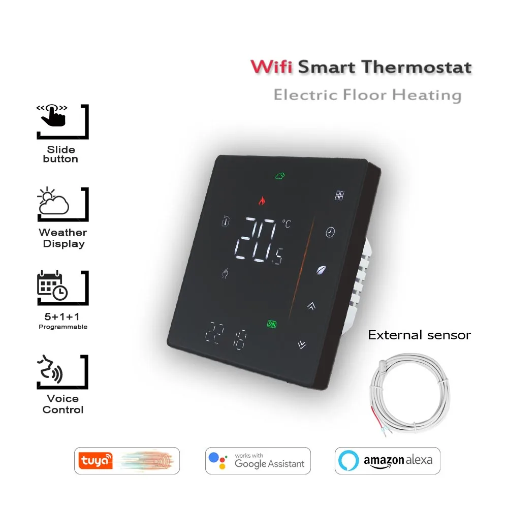 Pengontrol Suhu Termostat Cerdas Wifi 16A Pemanas Lantai Elektrik Bekerja dengan Alexa Google Home