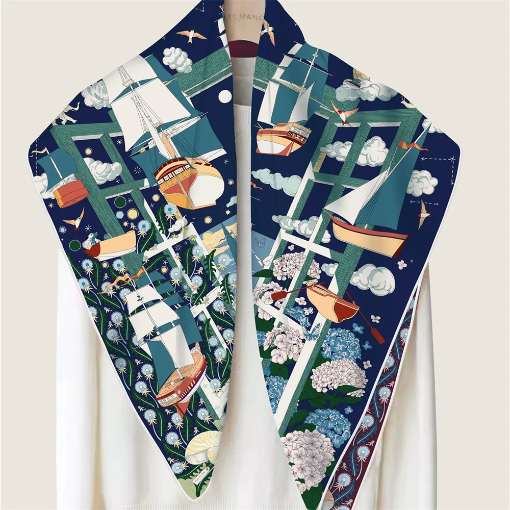 90CM Brand Silk Scarves Wraps Double Printed Twill Silk Scarf Women Shawls Luxury New Design Square Hijabs Curled Shawl view 3