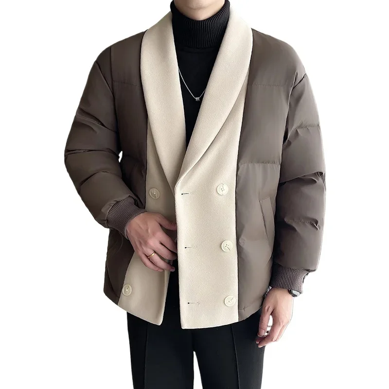 Men Winter Woolen Splice Cotton-padded Business Casual Thicken Warm Jacket Korean Streetwear Fashion Parkas Coat Outerwear