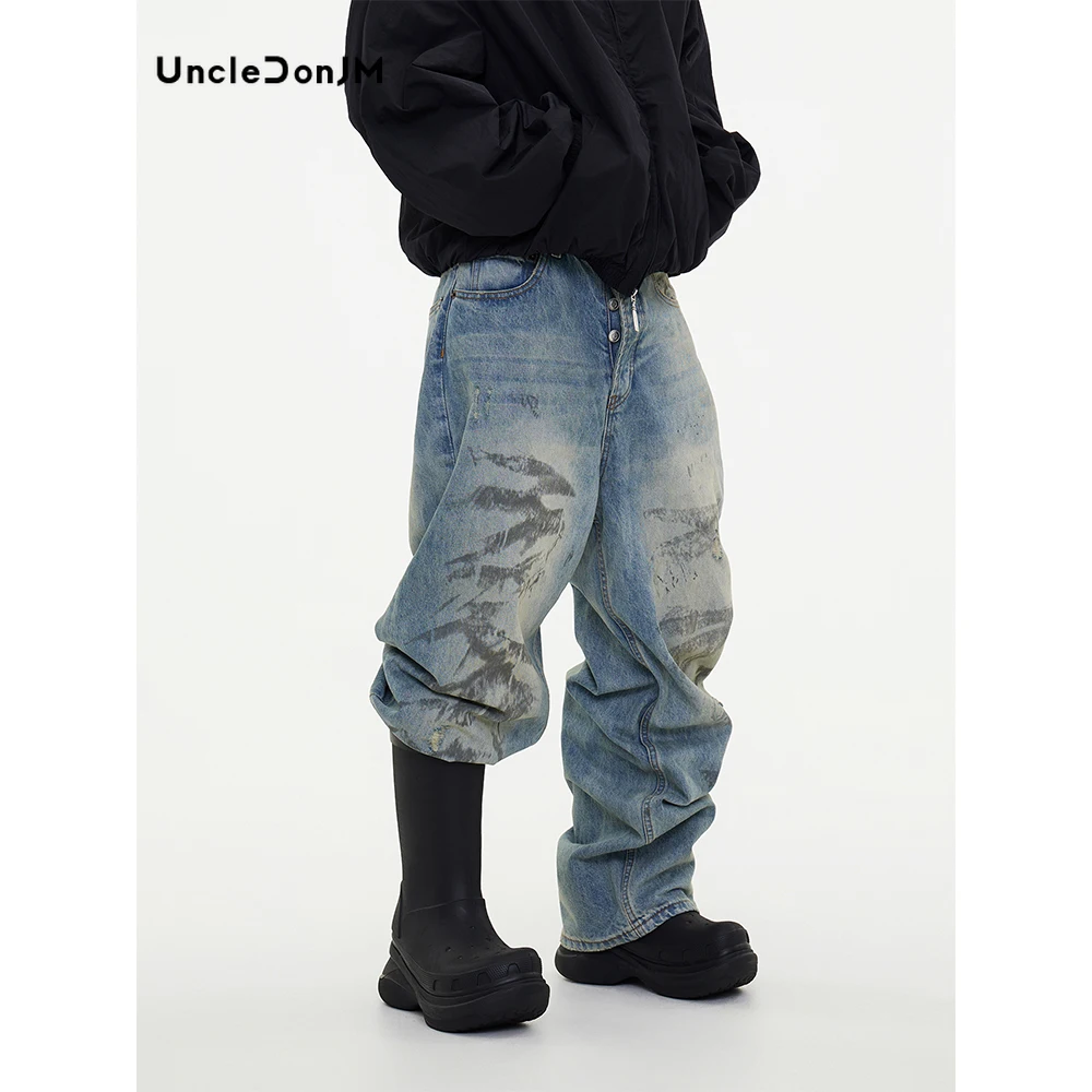 Washed Distressed Graffiti Silhouette Loose Dirty Light Blue Denim Jeans Y2k Pants