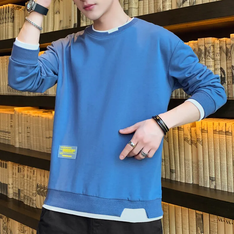 Fashion O-Neck Spliced Fake Two Pieces Casual Sweatshirts Men Clothing 2024 Spring New Loose Korean Tops All-match Sweatshirts