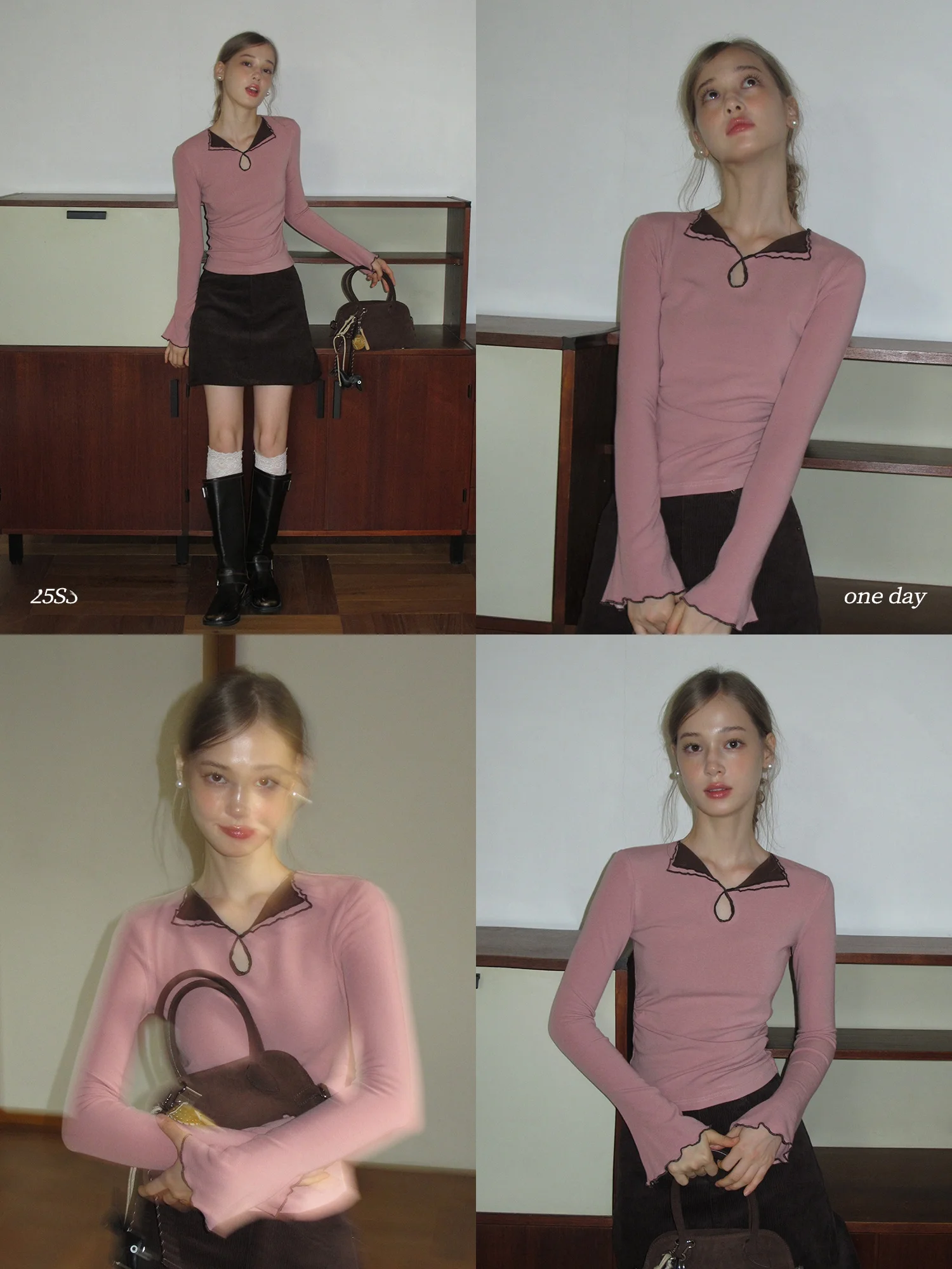 

Slim Fit Long Sve V-Ne T-irt Women's Spring New Sle EGGKA Color Blo Casual Faion High Waist Design Base irt Top