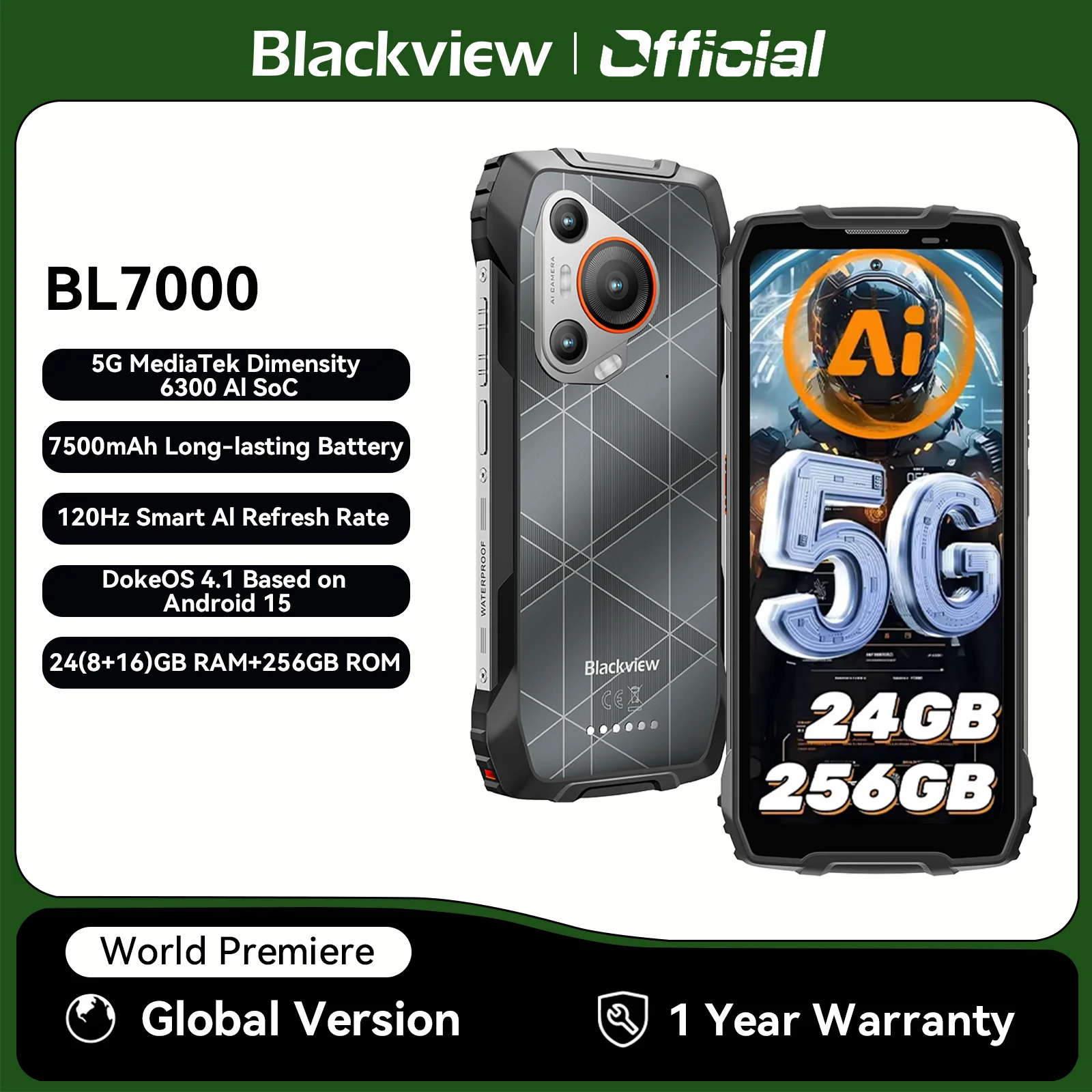 BLACKVIEW BL7000 5G AI Rugged Phone Deepseek GPT Android 15 Smartphone, 6.78'' HD+2.4K Display 120Hz, 8GB RAM 256GB, 7500Amh