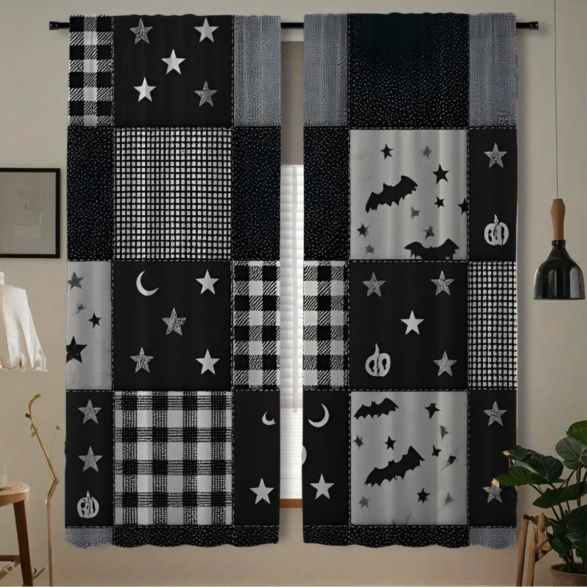 Halloween Black and White Pattern Curtain Panels Spooky Stars Bats Moon Nursery Room Decor Window Dressing